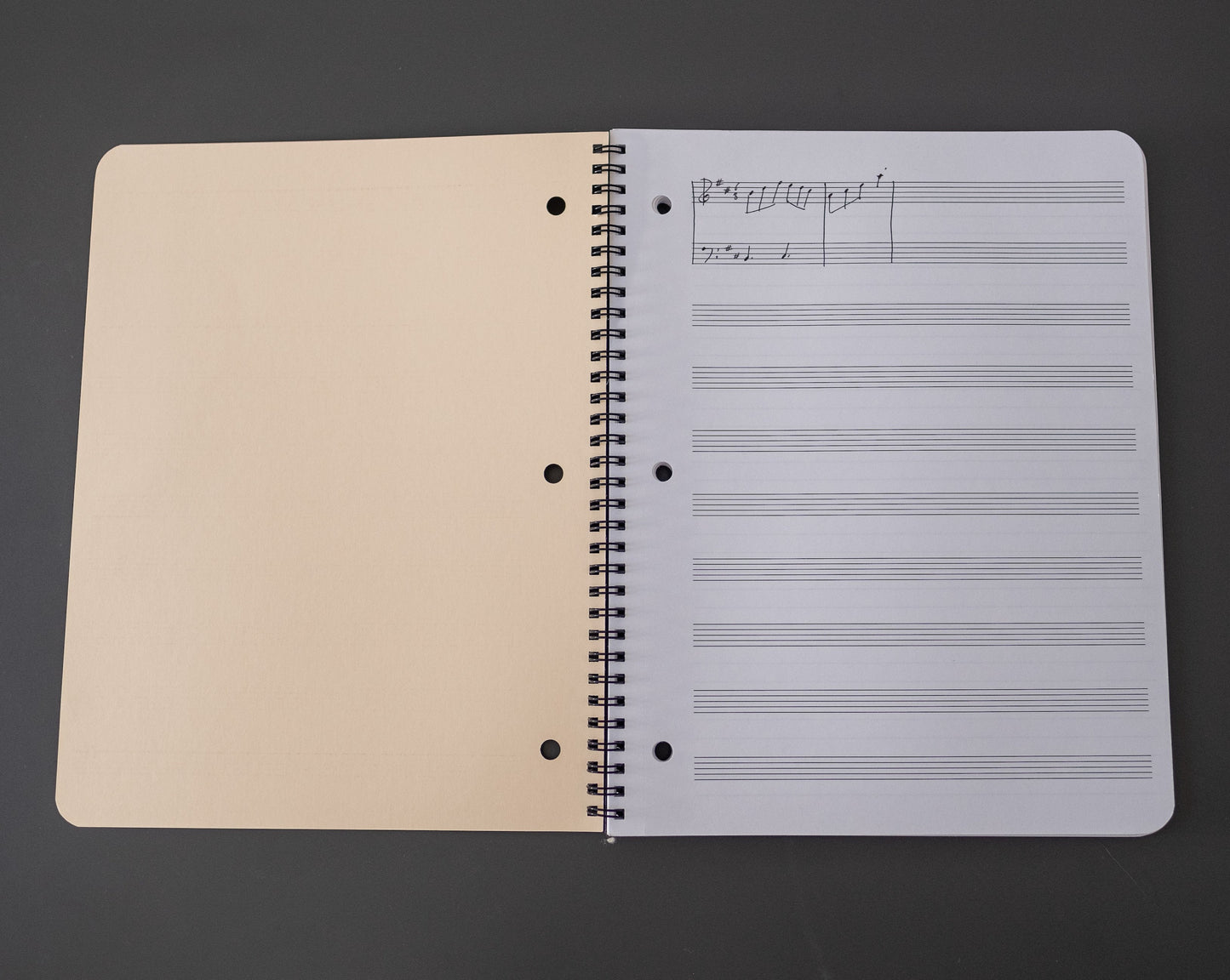 Musician's staff paper notebook, open to staff paper page, ruled edition, with spiral binding